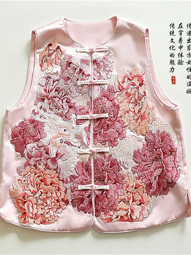 Outerwear Women Vest New  Satin Buckle Sleeveless Vest Jacket Female Pink Round neck Chinese Style Peony Embroidered Vest Coat