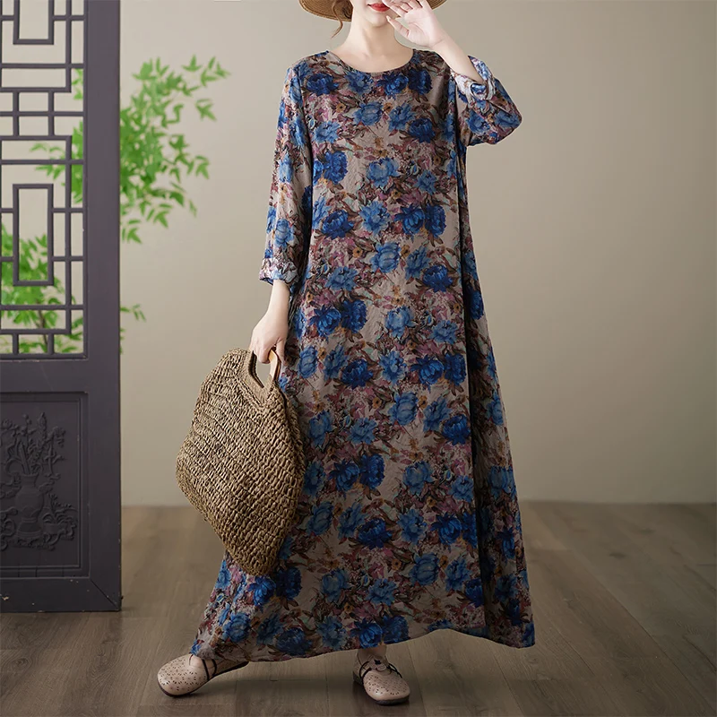 

Spring Autumn Cotton Linen Print round Neck Loose plus Size Long Sleeve plus Size Holiday Dress Citywalk A-Line Skirt