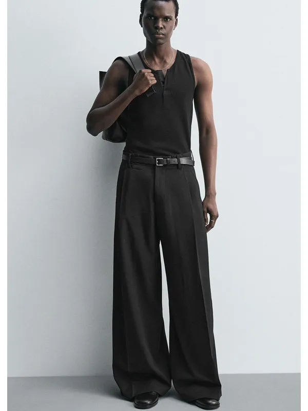 

High Waist Wide Leg Casual Pants Men's Autumn New Style Pleated Decoration Loose Fit Straight Leg Zipper Closure Casual Trousers