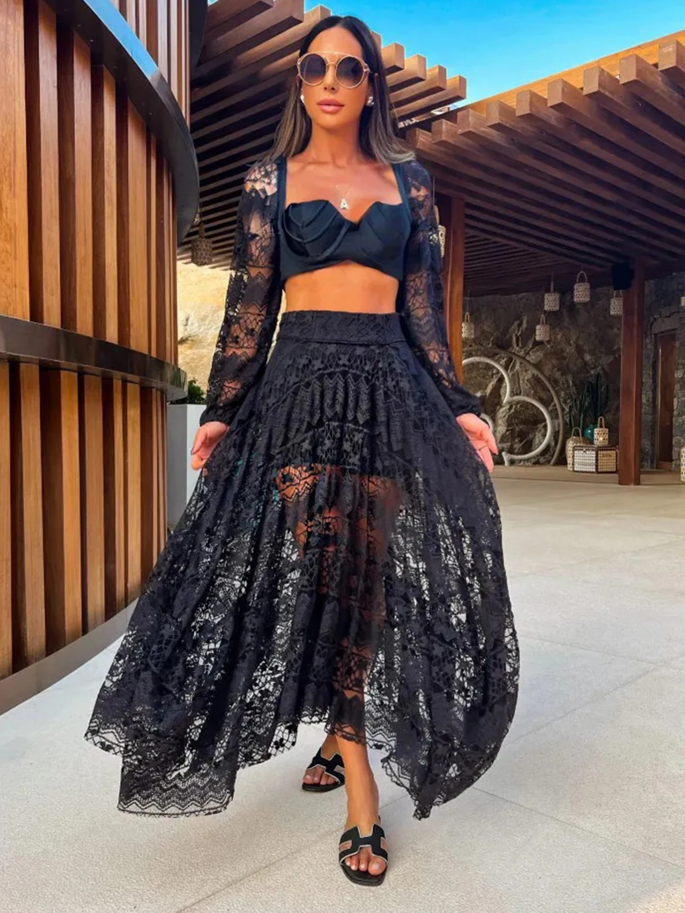 New Sexy Lace Skirt Set Women Long Dress Long Sleeves Top With Skirt Evening Party Dress Lady Dresses 2024 For Evening