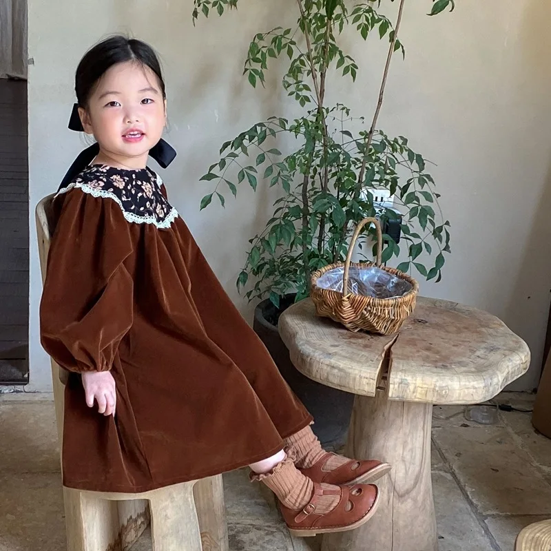 Autumn New Kids Long Sleeve Velvet Dresses Korean Style Baby Girl Lace Princess Dress Children Puffy Skirt Clothing Casual Dress