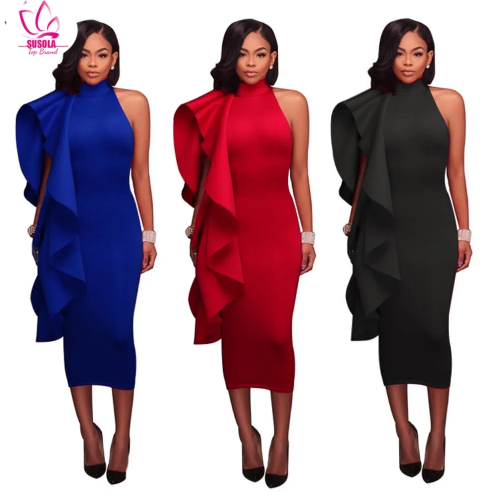 SUSOLA Elegant Halter High Neck Ruffle Midi Party Dress Lady Autumn Winter Scuba Sleeveless Bodycon Dresses Evening Vestidos