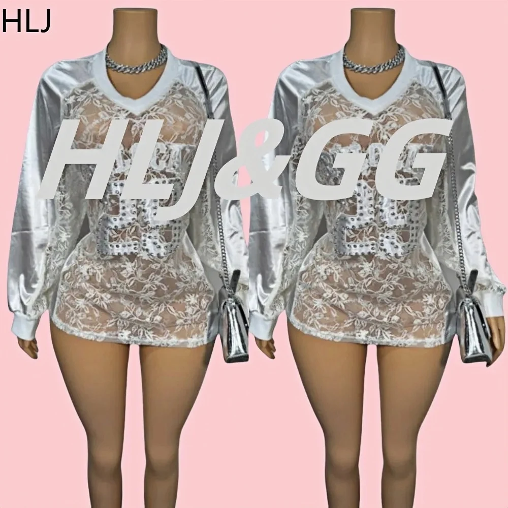 

HLJ&GG Fashion Embroidery Lace See Though Loose Tshirt Women V Neck Long Sleeve Letter Rhinestone Top Y2K Sexy Patchwork Street