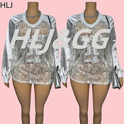 HLJ&GG Fashion Embroidery Lace See Though Loose Tshirt Women V Neck Long Sleeve Letter Rhinestone Top Y2K Sexy Patchwork Street