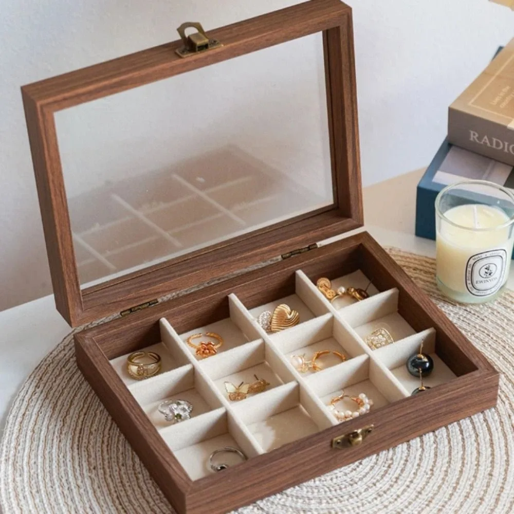 

Convenient Elegant Wood Jewelry Box Glass Lid Dust-proof Earrings Display Tray Storage Box Velvet Ring Display Holder Store