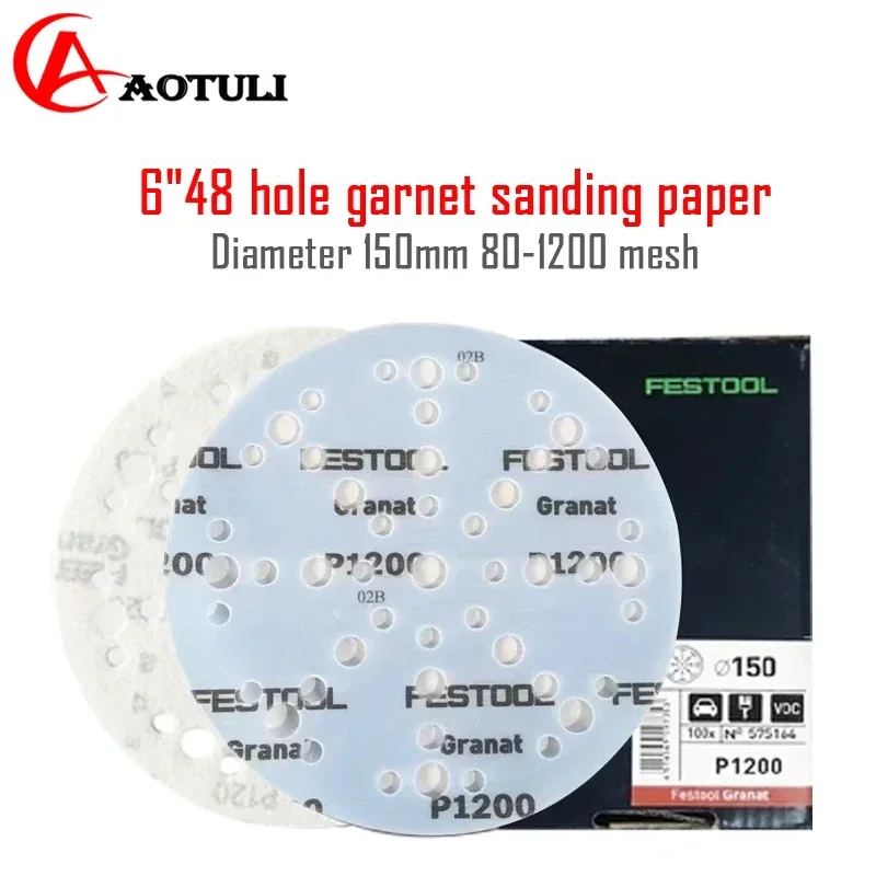 FESTOOL Compatible 6 Inch 150mm 48 Holes Garnet Grinding Disc, Dry Flocking Abrasive Sandpaper for Automotive Putty Sanding