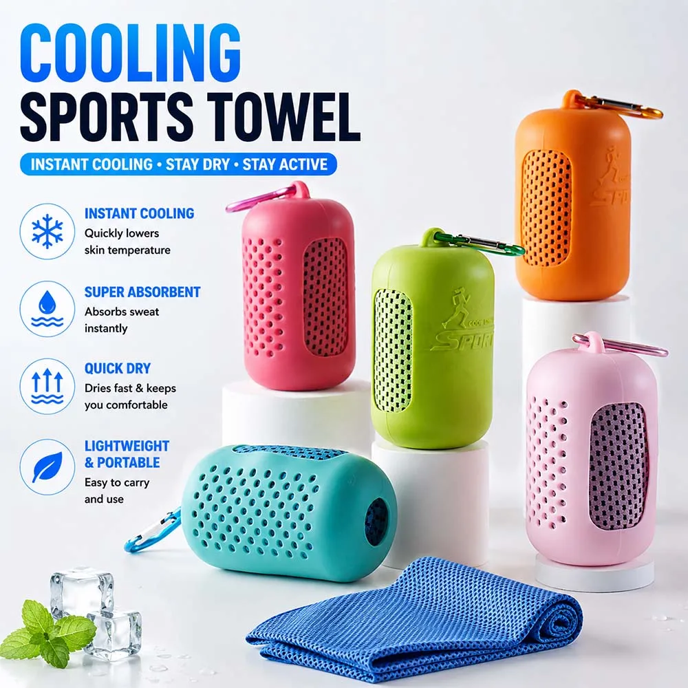Cooling Sports Towel with Silicone Case Quick Dry Ice Cooling Towel Sweat Absorbent for Gym Yoga Running Fitness Outdoor