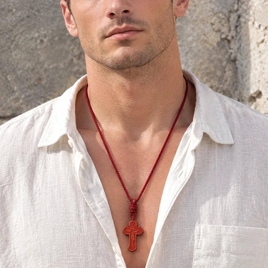 Vintage Cross Pendant Rope Necklace Men Handmade Weaven 66cm Long String 2 Colors Collar Jewelry Amulet Luck Homme Accessores