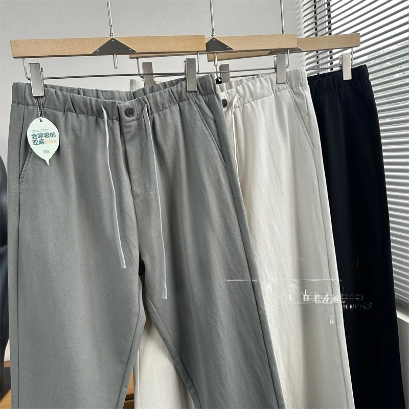 

Мужские свободные брюки прямого кроя из смесового хлопка и льна, весенне-летние модные широкие длинные брюки, легко сочетающиеся, для повседневной носки