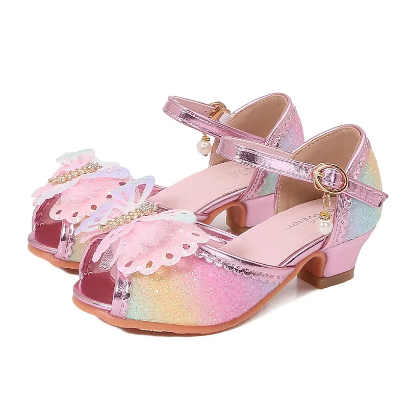 Chaussures princesse élégantes pour filles, sandales à talons hauts pour enfants, paillettes douces, papillon, mode polyvalente, bout ouvert, chaussures de fête pour enfants, nouveau