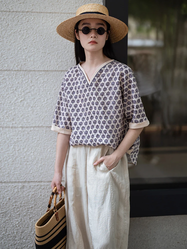 

Оригинальная женская футболка-топ из чистого льна с принтом в горошек, V-образным вырезом, в стиле ретро, для повседневной носки, летняя одежда