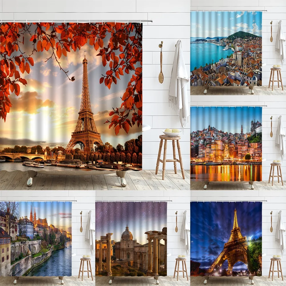 

Paris Eiffel Tower Retro Bathroom Shower Curtain Set Fabric Architecture Dusk Sunset Scenery Art Bathtub Screen Decor With Hooks