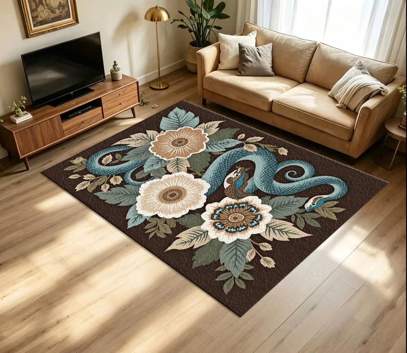 Retro Dark Botanical Snake Floral Carpet Flooring Vintage Boho Reptile Flower Leaf Art Printed Floor Rug for Household Indoor Ho