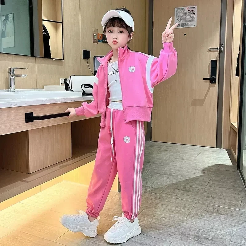 Fashion Tracksuit 2 Piece Set Girls Zipper Sweatshirts Jackets + Children Side Striped Jogger Pants Korean Kids Loose Conjuntos