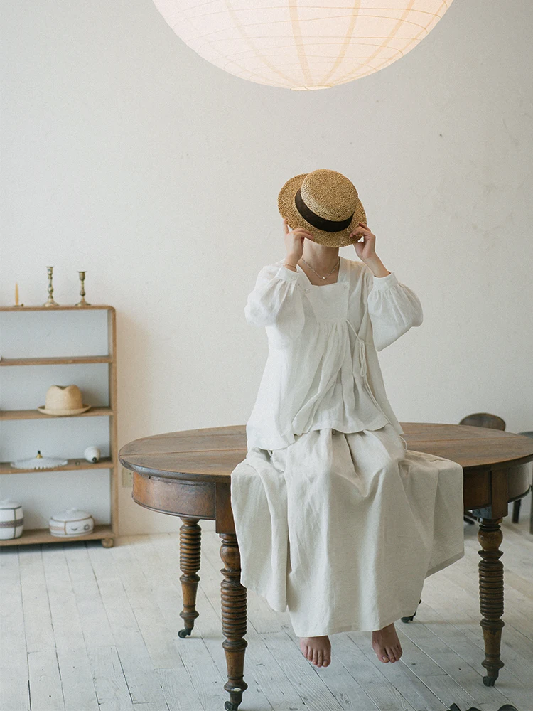 

Повседневная свободная рубашка-туника Fern Field с длинным рукавом из белого льна, дизайнерская, для ношения под одеждой, женская, модная, осень 2024