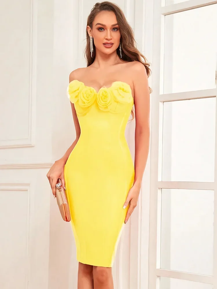 

Yellow Bandage Dress for Women 3D Flower Chic Beautiful Strap Sleeveless Party Dress Summer 2024