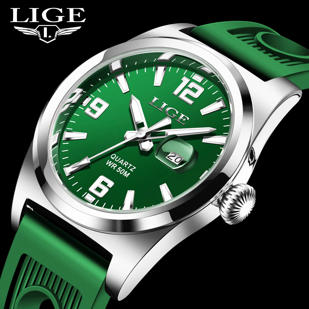 

Relogio Masculino LIGE New Men Watch Top Brand Luxury Green Silicone Watch For Men Waterproof Luminous Date Quartz Wristwatches