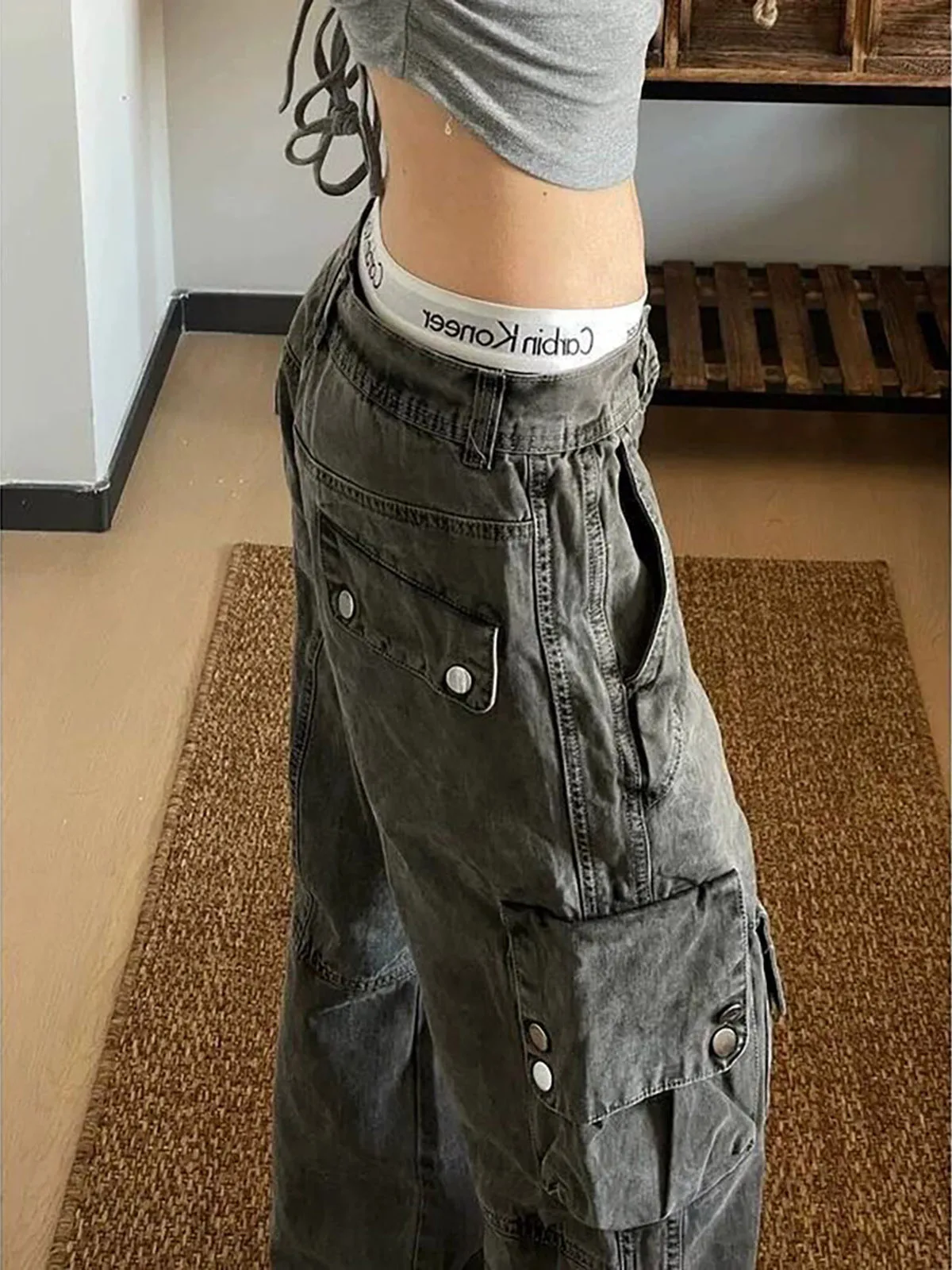 Grey Washed Workwear Denim Jeans Men Women Multi Pocket Straight Leg Micro Flared Pants Slimming Effect Casual Youth Style