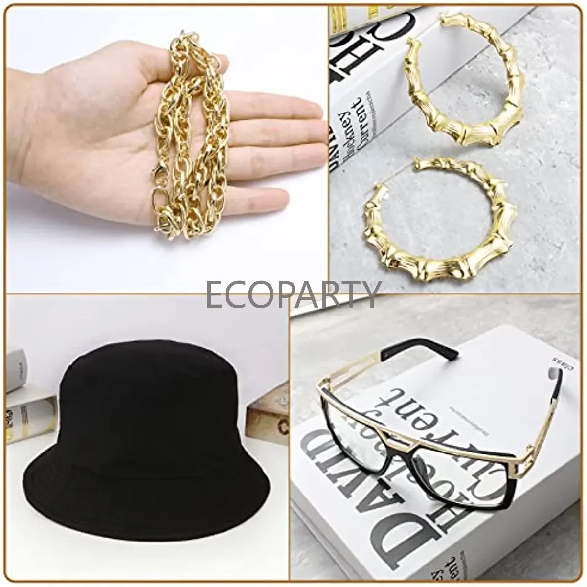 Hip Hop Costume Kit 80s/ 90s Rapper Accessories Punk Jewelry with Sunhat Gold Earrings Sunglasses Faux Gold Chain 4-piece Set