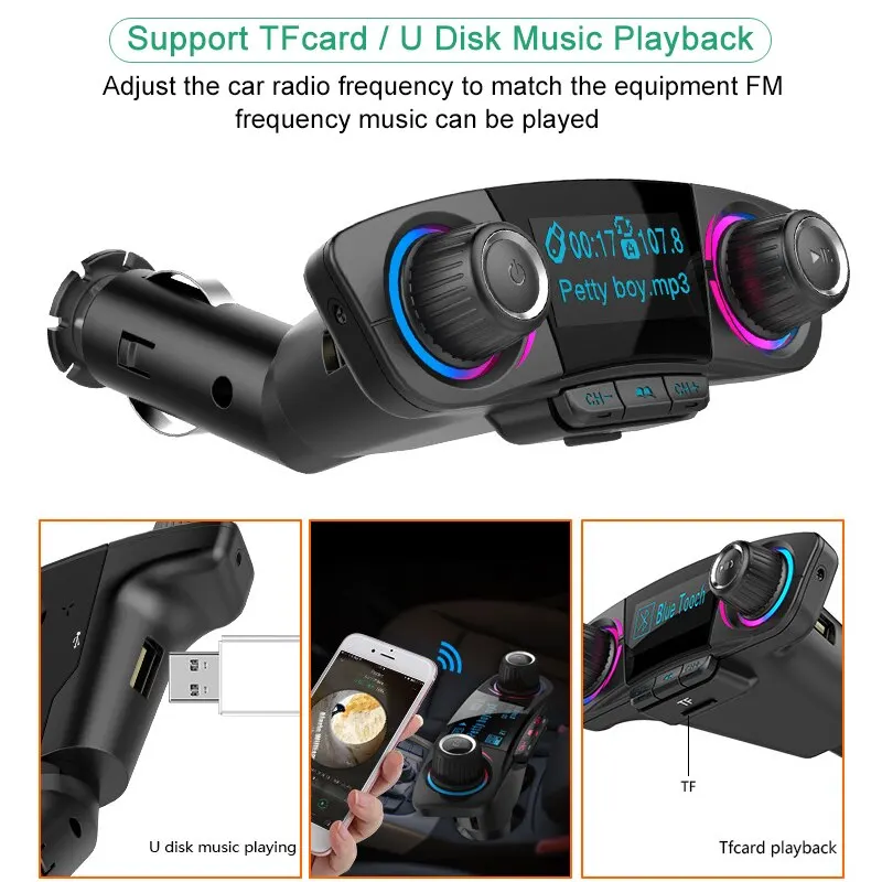 Adaptador de carro Bluetooth 5.0 Kit transmissor FM/AUX MP3 Player Auto sem fio viva-voz Carregador USB duplo Tela LED