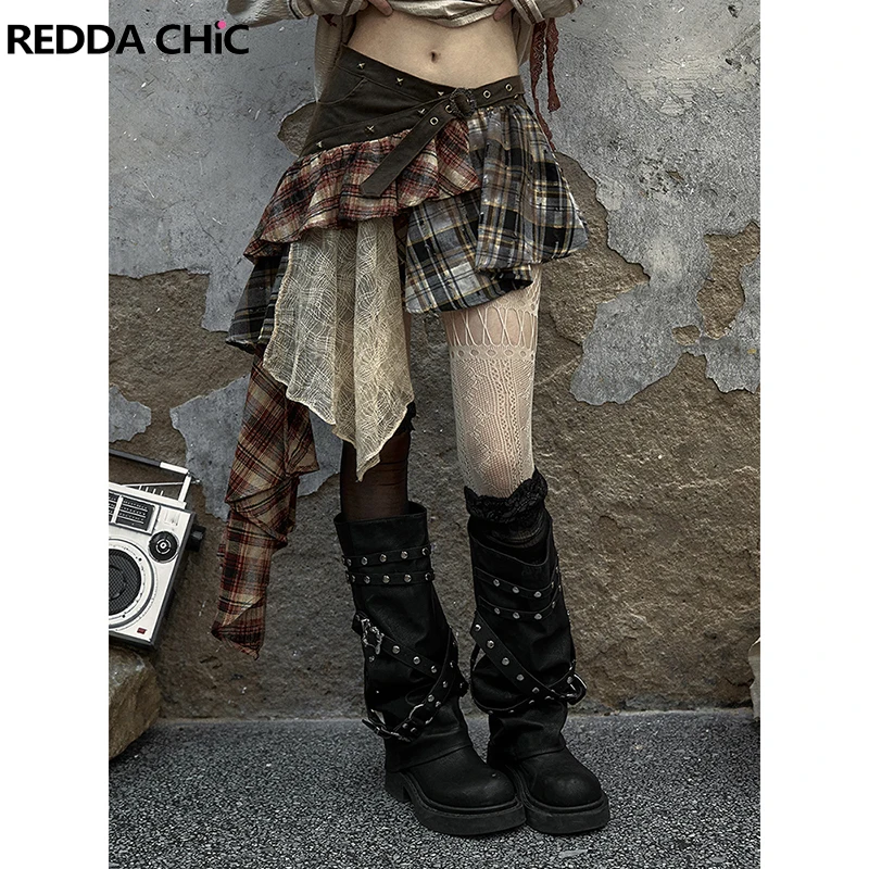 

REDDACHiC кожаная кружевная клетчатая юбка с заклепками и поясом с низкой посадкой и воланами, мини-юбка с нерегулярными рюшами в стиле стимпанк, женская одежда в стиле ретро