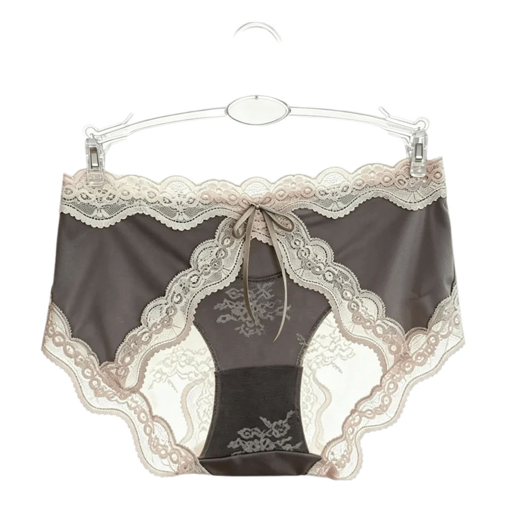 Delicate Mid Waist Lace Satin Panties Sweet Mesh Transparent Briefs Invisible Patchwork Bow Briefs Women