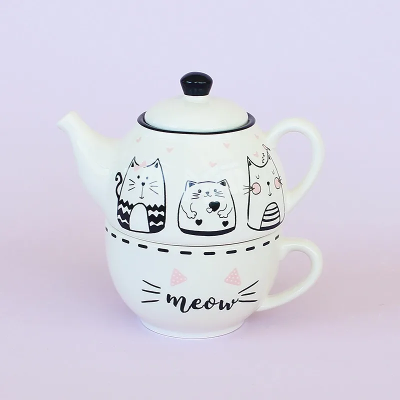 French-style Cute Cat Tea Set Ceramic 1 Cup 1 Pot Stacked Letter Pots Household Drinking Vessels Bar Counter Decoration Teapot