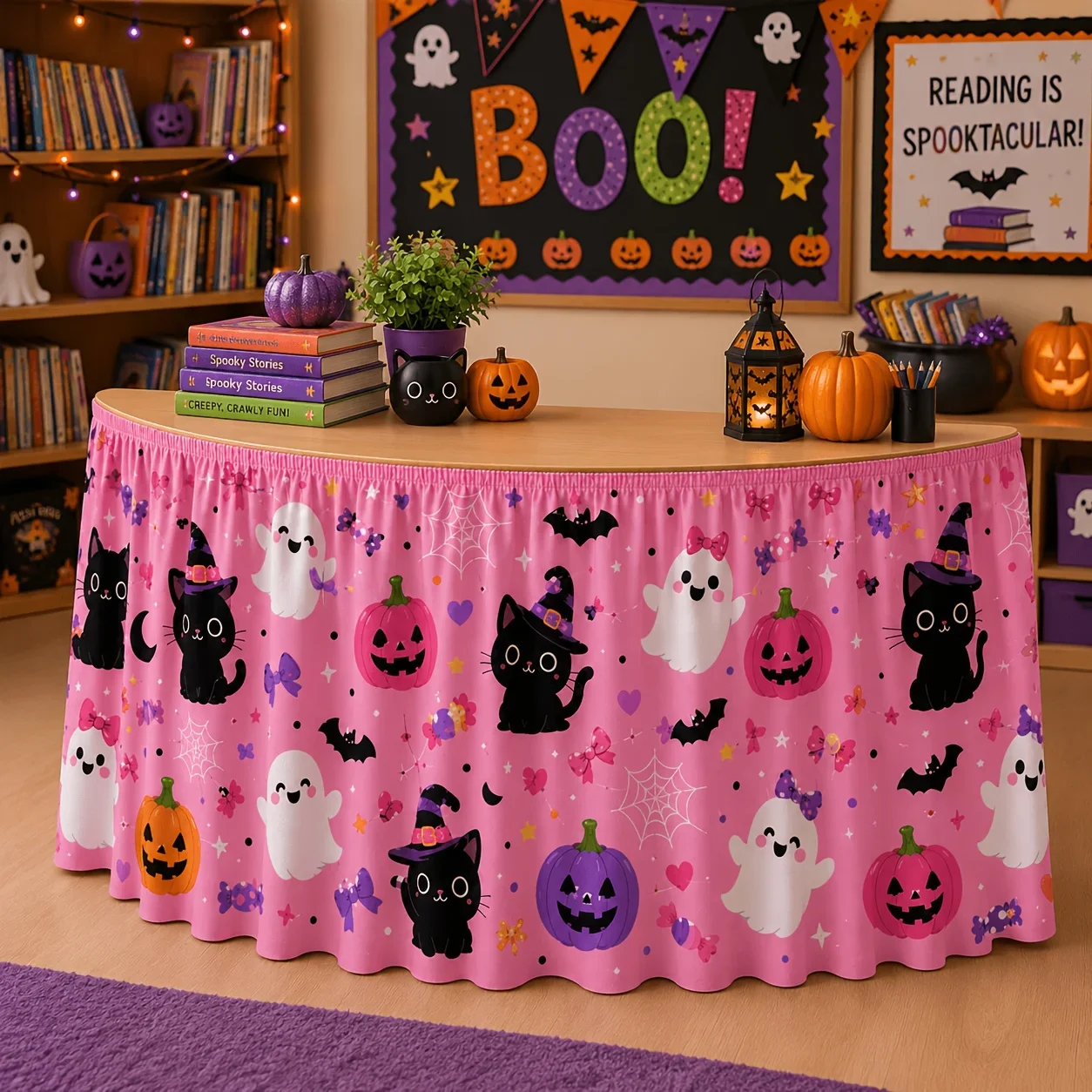 One tablecloth and table skirt, featuring a cute pink Halloween-themed design.