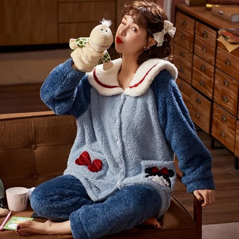 

2023 Autumn Sleepwear Thickened Warm Student Home Furnishing Set Pajamas Women Flannel Winter New Coral Fleece