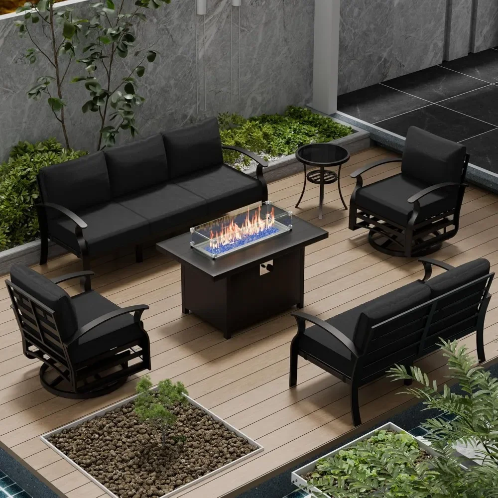 

Patio Furniture Set with Fire Pit Table 7 Seats Outdoor Patio Conversation Sets with Swivel Chair Metal Patio Sectional Sofa