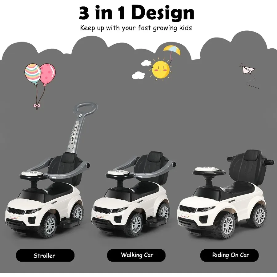 Ride On Push Car, Foot to Floor Ride On Sliding Car Push Handle & Detachable Guardrail, Sound & Lights, Under Seat Storage, Push