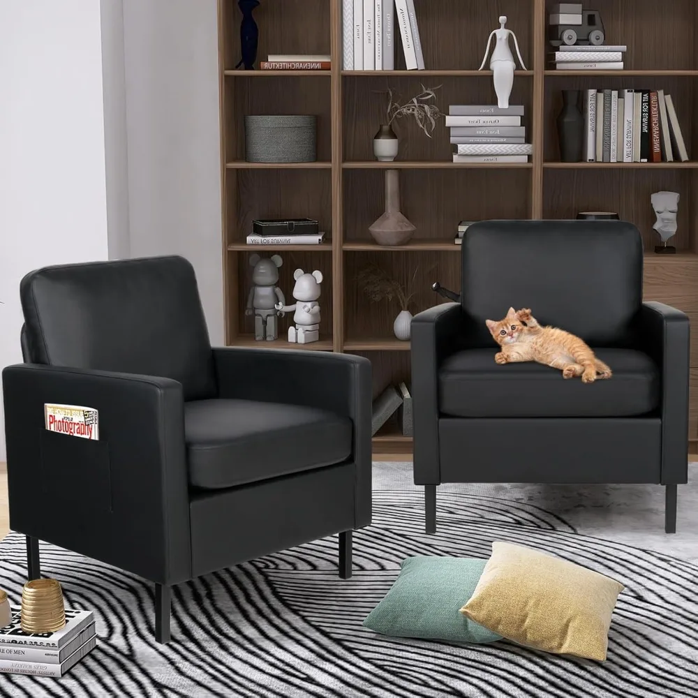 zwarte kunstleren accentstoel set van 2 met armleuningen, moderne bureaustoel met klein accent, wachtkamerstoelen voor woonkamer slaapkamer