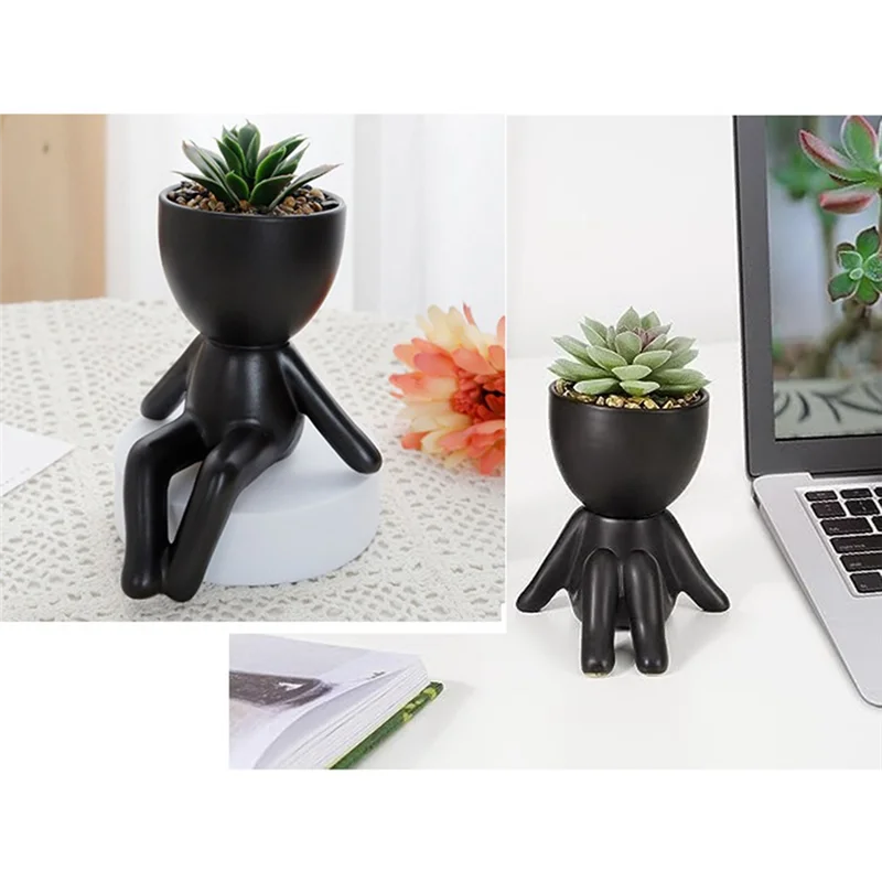 

ABFS 2PCS Succulents Plants Artificial Succulents Cute Faux Succulents In Black Human Shaped Pots Office Desk Decor
