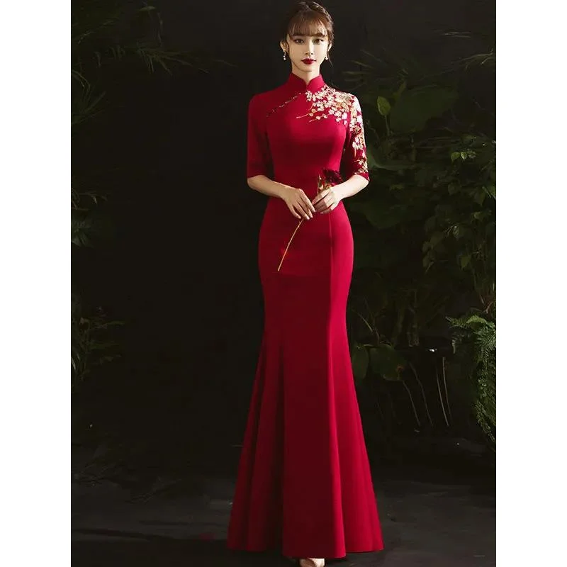 Cheongsam Dress High Collar Chinese Toast Gown Bride Female Chinese Style Retro Red China Wedding Dress H8923