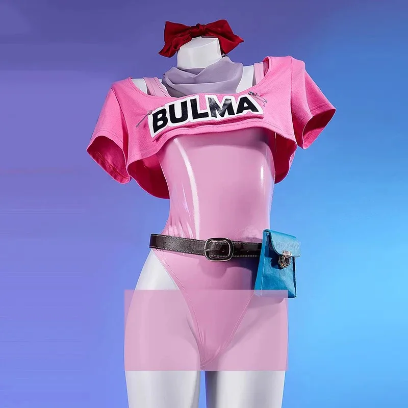 Anime Bulma Cosplay Costume Wig Women Short T-shirt Sexy Leather Bodysuit Headwear Scarf Belt Bag Set Halloween Carnival Clothes