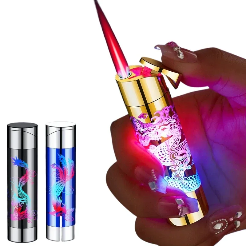 New Metal Fire Dragon Inflatable Lighter Windproof Powder Spray Flame Butane Gas Lighter Cigarette Accessories Smoking Gifts