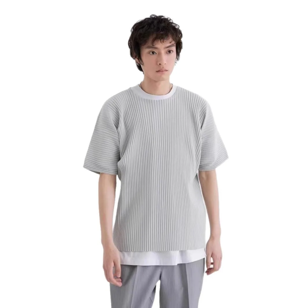 Miyake Pleated Men's Pleated Short Sleeved Shirt Loose Casual Five Quarter Sleeve Solid Color Spring and Summer T-shirt Japanese