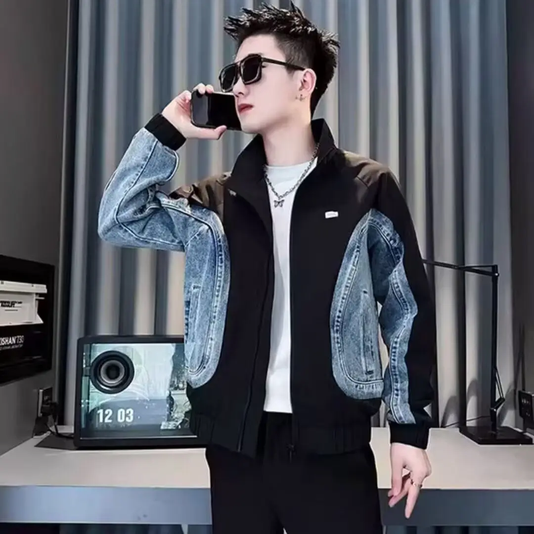 

Advanced Design Men's Denim Patchwork Jaet Sli Casual ort Coat Spring Autumn Trendy Brand Stand Fit Polyester Jaet