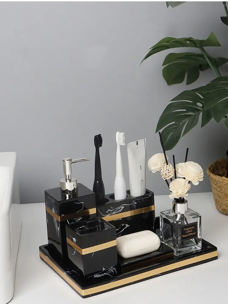 Black Marble Pattern Resin Wash Bathroom Suit Bathrrom Supplies Toothbrush Cups Soap Dish Shower Gel Bottle Tissue Box