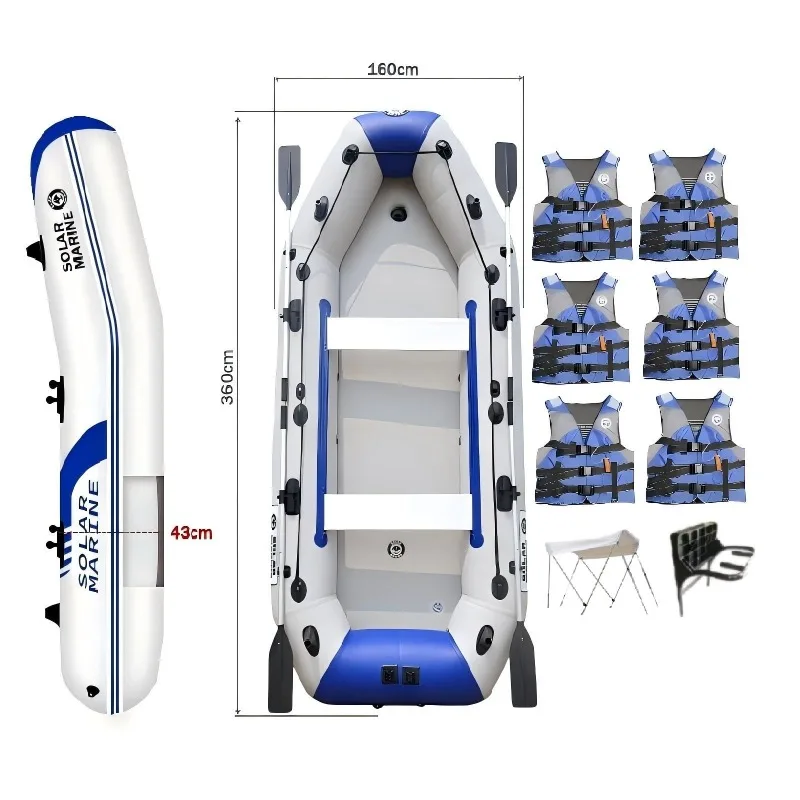 6-Person aerial floor, thickened PVC inflatable fishing boat with wheels, with 6 luxury life jacket awning brackets