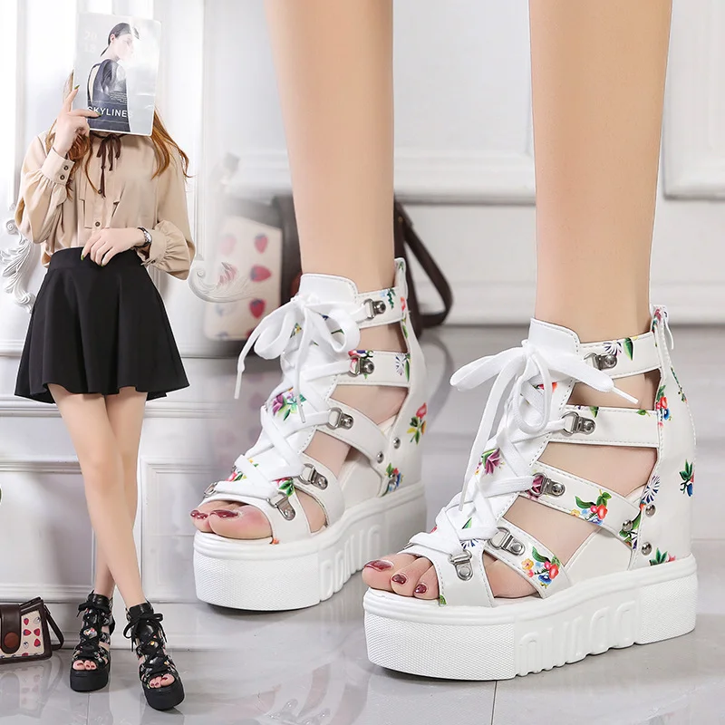 

Women's Roman Sandals Summer Platform Floral Shoes Cross Straps 12cm Super High Heel Fish Mouth Shoes Zip High-heeled Pumps