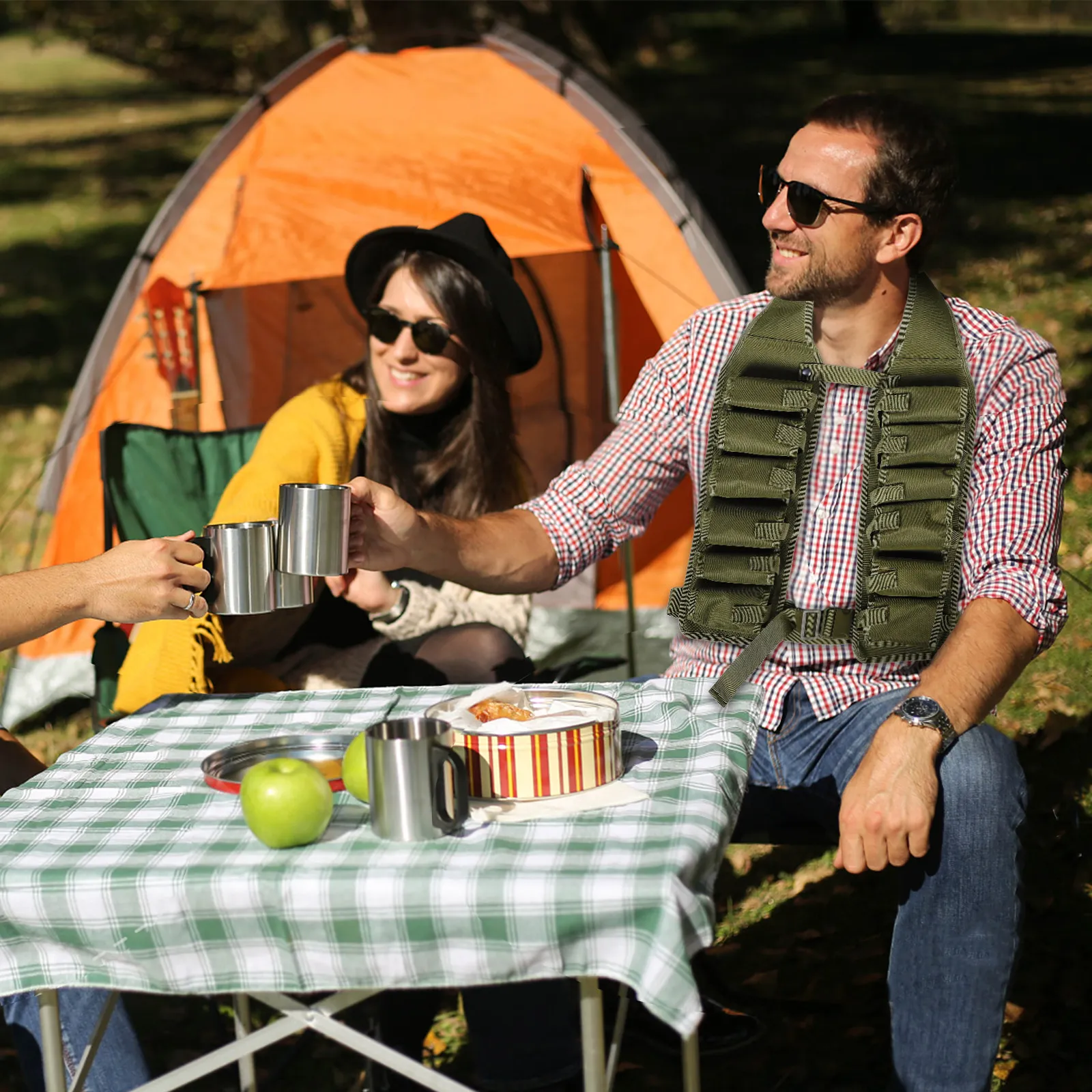 

Versatile Outdoor Beer Vest Beverage Carrier Belt with Scratch- Multiple Compartments for Camping Hiking Travel Beer