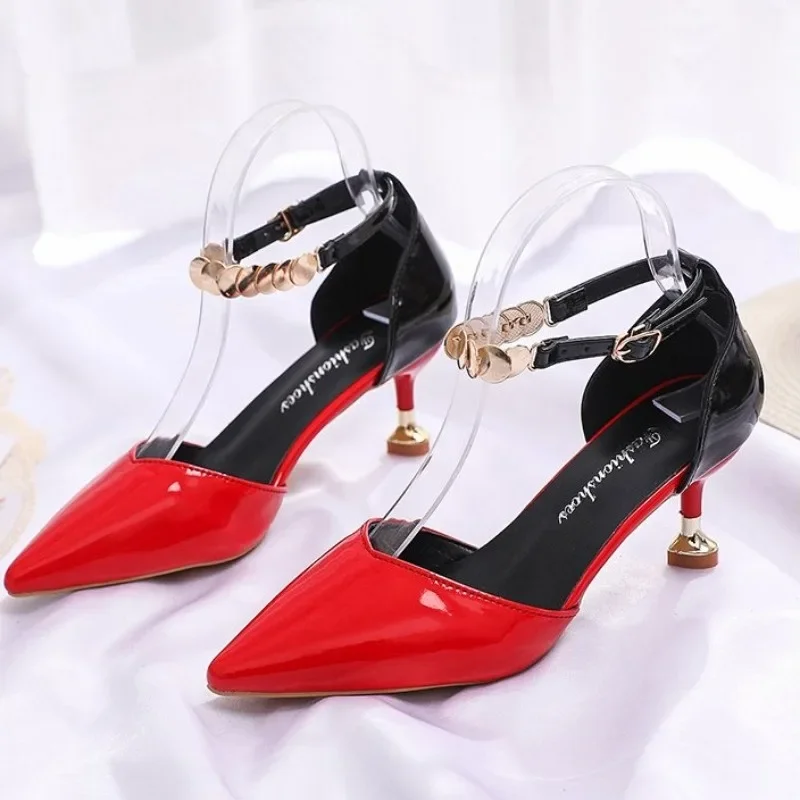 2023  Women Fashion Sweet  Pointed Toe Buckles  Strap Stiletto Heels Lady Cool Red Party Heel Shoes  White Heels