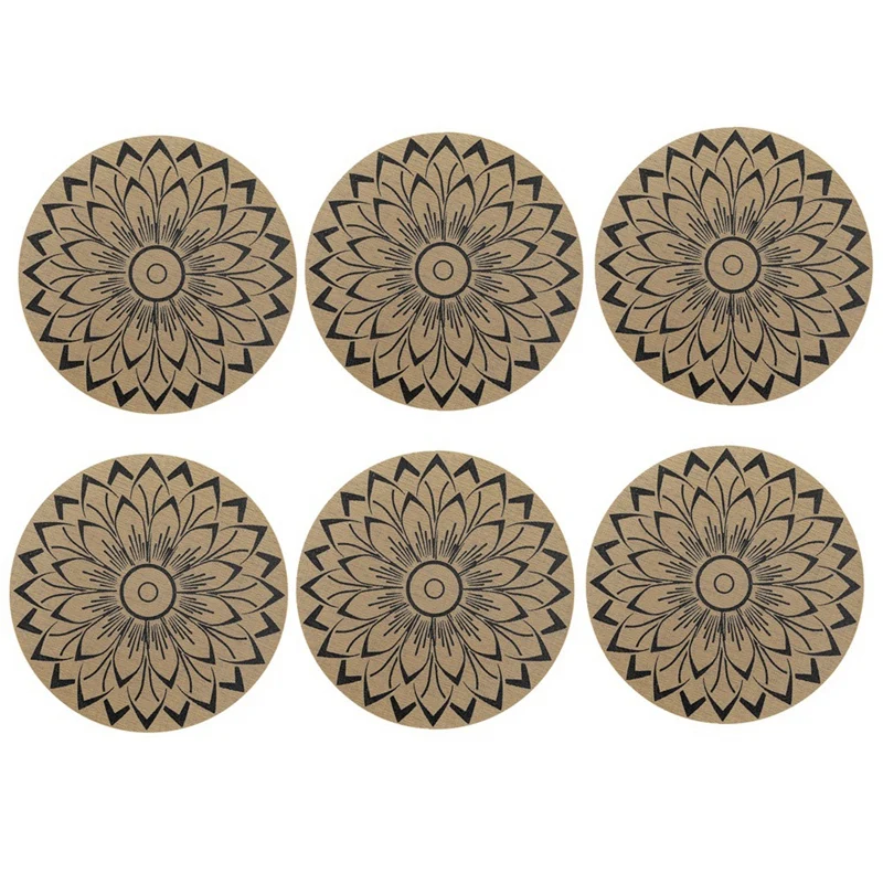 6Pcs Black Round Flower Insulation Pad  Boho Flower Print Place Non Slip Stain Mats Wipeable Pad