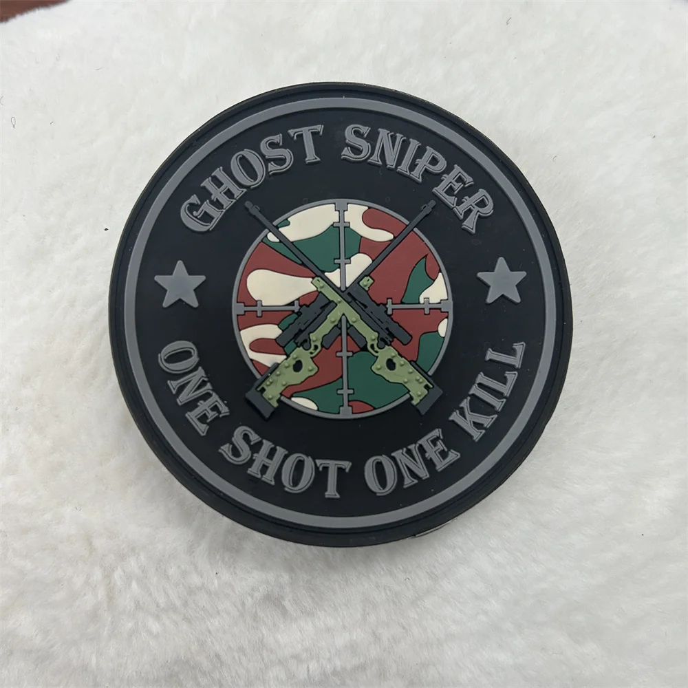 Chost Sniper Morale Badge One Shot One Kill PVC Tactical Patch Outdoor Military Equipment Hook and Loop Backpack Sticker