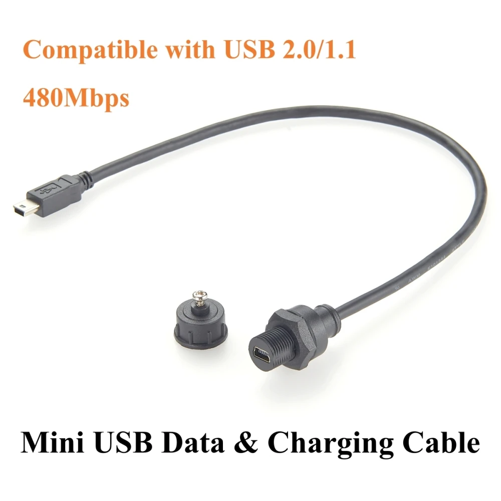 Mini USB 2.0 Male to Female Extension Cable IP67 Waterproof Mini USB Recessed Flush Panel Mount Data & Charging Cable for Car,