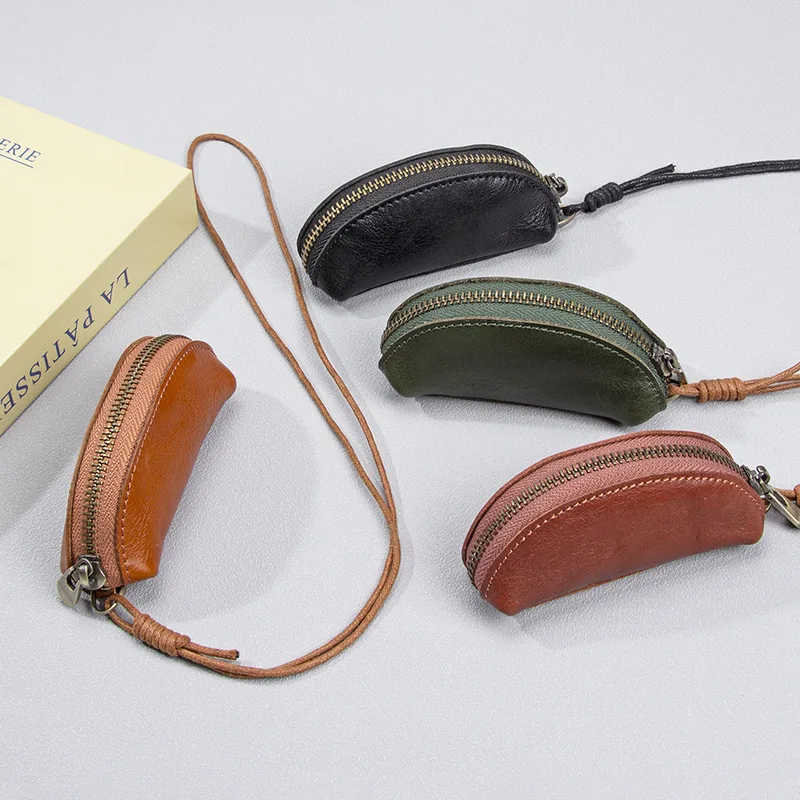 

First Layer Cowhide Coin Bag Vegetable Tanned Leather Coin Purses Rope Hanging Key Storage Bag Mini Leather Coin Holders