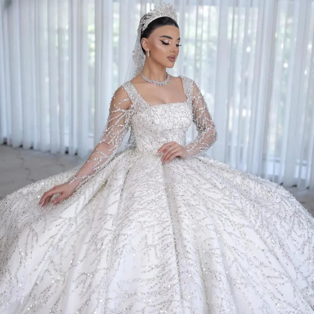 Customized Gorgeous Shining Square Neck Long Sleeve Wedding Dresses Sequined Beads Pearls Bride Robe Ball Gown Robe De Mariée