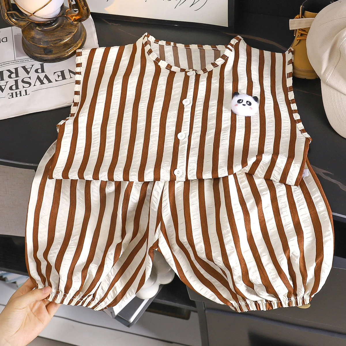 Childrens Vest Set Summer Loose Fit Boys and Girls Baby Pants Small and Medium Sized Sports Two Piece Set Striped