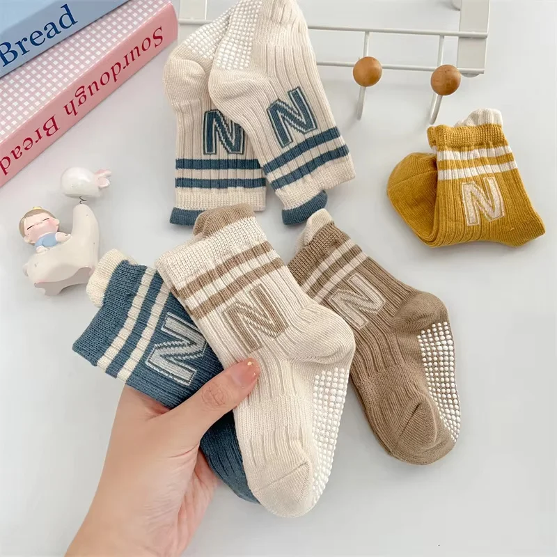 Children Anti-Slip Sports Floor Socks Cotton Letter Print Baby Socks Newborn Toddler Solid Stripe Mid Tube Socks For Boys Girls